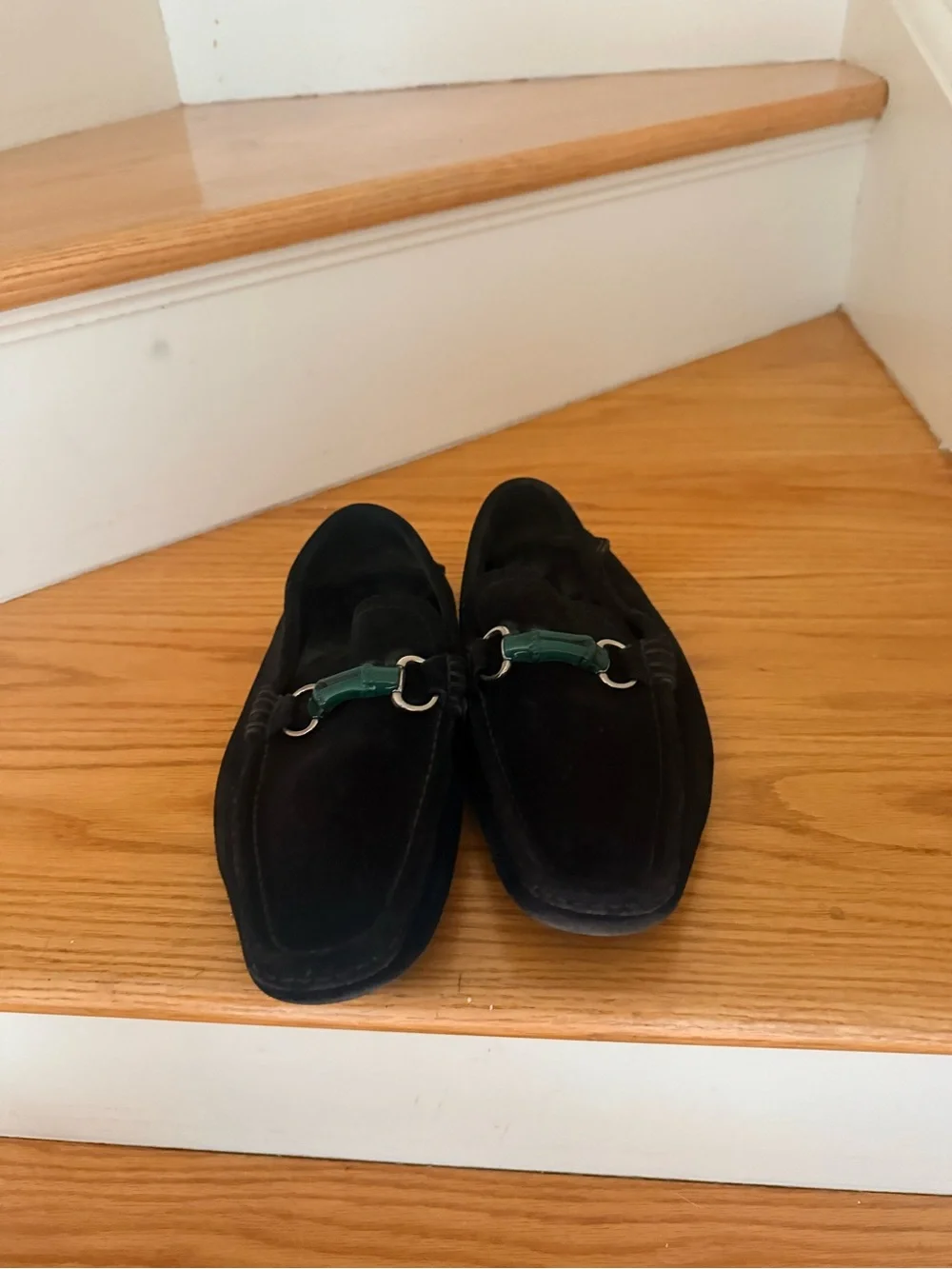 Gucci Black Suede Loafers with Green Enamel Bit